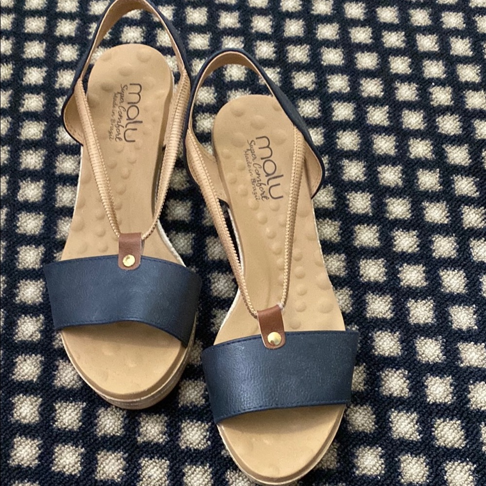 Blue and Tan Slingback Sandals with Wedge Heel